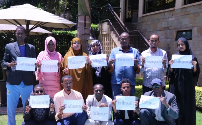 Somali journalists gather to demand End Culture of Impunity in Somalia On the occasion of the International Day to End Impunity for Crimes against Journalists. | Photo credit/SJS.