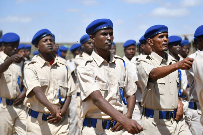 HirShabelle State Police personnel on parade during a passing out ceremony to mark the completion of training in Jowhar, Somalia on 14 February 2019. |Photo credit: AMISOM.