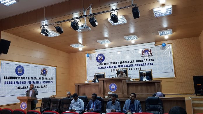 Senators at Somalia's Upper House of Parliament vote for the Media Law (Amendment) on Tuesday 14 January, 2020. | Photo Courtesy/SJS.