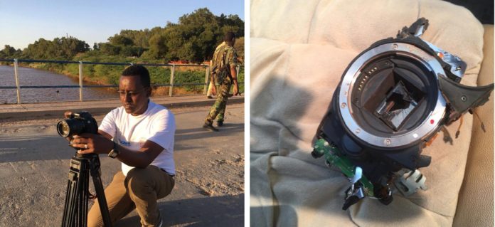 COMBINED PHOTO: Journalist Ahmed Isak Abdulle, a freelance correspondent for STN TV, was slightly injured on the left hand’s small finger and his camera smashed during the assault.