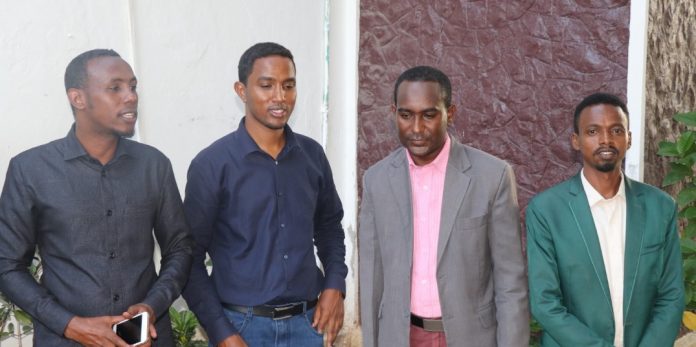 (From left) SOMA secretary general, Mohamed Abduwahab; Goobjoog director, Hassan Mohamud; SJS secretary general, Abdalle Mumin and Goobjoog editor, Hanad A. Guled during a joint press conference in Mogadishu on Thursday 30 July, 2020.