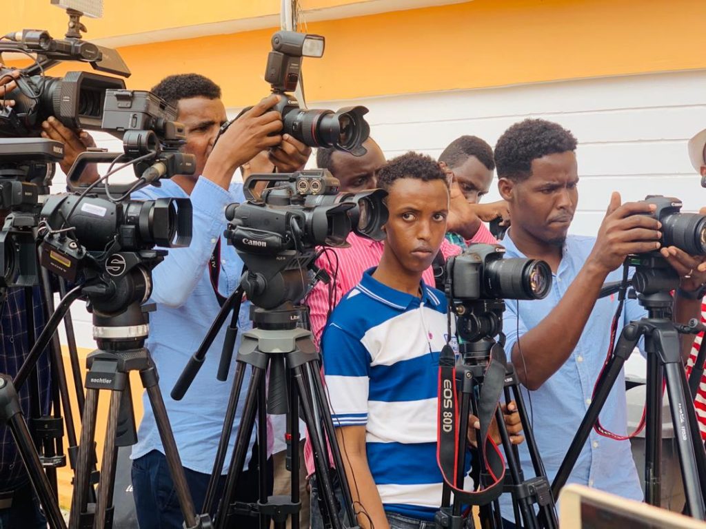 Journalists covering the Banadir Regional Court where Goobjoiog journalist, Abdiaziz Gurbiye appeared on Tuesday 7 July, 2020.