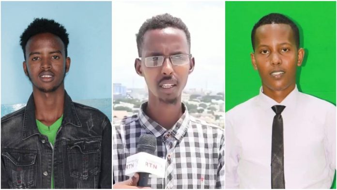 Cameraman Yusuf Mohamed Adan (left); Radio Kulmiye reporter, Farhan Mohamed Hussein (centre) and Radio Kulmiye cameraman, Mowlid Haji Abdi Kheyre (right) were attacked and detained by the police in Baidoa and Mogadishu..