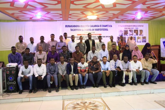 Journalists gather for the commemoration of IDEI on 2 Npovember 2020 in Mogadishu