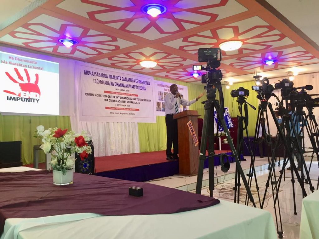 Prof.  Hassan Sheikh Nur, a senior Somali National University Lecturer speaks during the commemoration of IDEI in Mogadishu, 2 November 2020. | PHOTO/SJS.