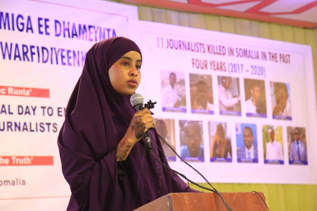 Shamis Abdirahman, the Deputy Chair of Media Women Network speaks during the commemoration of IDEI held in  Mogadishu, 2 November 2020. | PHOTO/SJS.