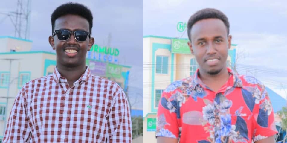 (From left): Mohamed Abdiwali Tohow (Universal TV and Radio Kulmiye) and Abdullahi Warsame Roble (SNTV) arrested in Dhusamareb on 20 January, 2021. | PHOTO /SJS /Courtesy/ Mohamed Abdiwali Tohow.