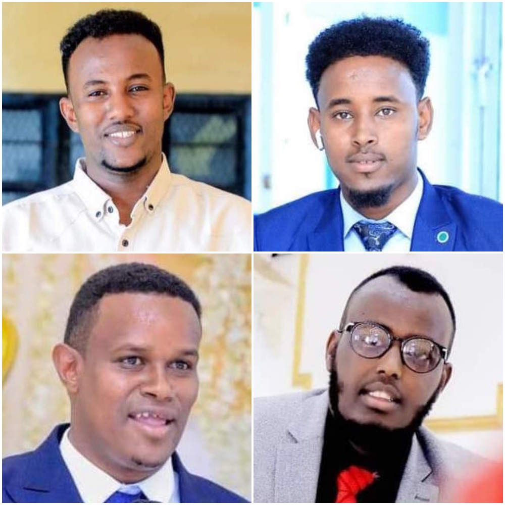 (From top left to the bottom right) journalists Husein Ateye Gaafane (Universal TV); Abdillahi Dahir Waeys (SAAB TV); Ahmed Diriye Iltire (SBC TV) and Shu'eyb Mohamed Kahin (Bulsho TV) were arrested in Borame on 16 January 2021. | PHOTO/Combined/SJS.