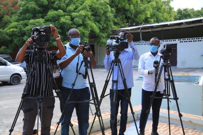 Somali journalists gather during an event in Mogadishu in February.