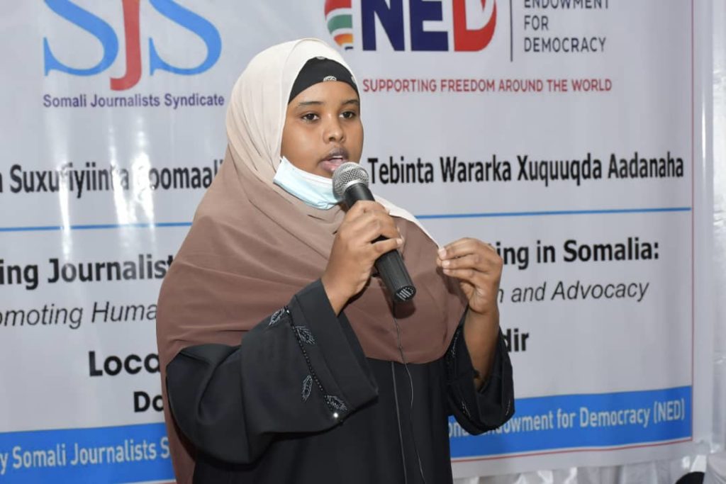 Amina Osman Hassan, a freelance journalist speaks during the launch of journalists human rights training in Mogadishu on Wednesday 28 July, 2021. | Photo Credit/SJS.