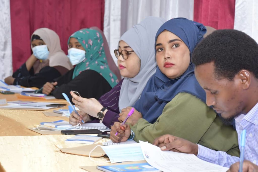 A group of participants listen during the launch of journalists human rights training in Mogadishu on Wednesday 28 July, 2021. | Photo Credit/SJS.