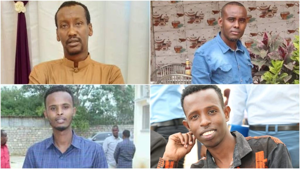 (From left) Hilal Sheikh Shueb, Farah Hussein, Abdullhi Nur and Mohamed Abdirahman were also briefly detained in  Baidoa on Thursday, 28 October, 2021. | PHOTO/SJS.