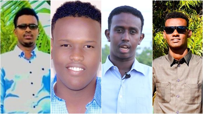 (From left) Radio Hiiraan Weyn journalist Abdullahi Ali Abukar; freelancers Abdulkadir Abdullahi Mohamed and Abdiweli Tohow; and Horn Cable TV reporter Ali Adan Diriye.