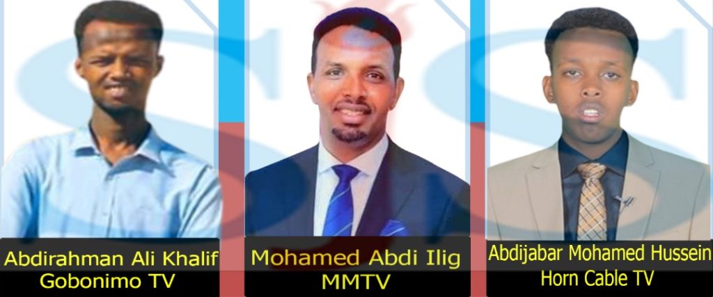 Three journalists: Mohamed Abdi Ilig (MM TV), Abdirahman Ali Khalif (Gobonimo TV) and Abdijabar Mohamed Hussein (Horn Cable TV) remain behind bars. | PHOTO/Combined/ SJS.