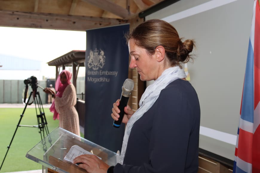 British Ambassador to Somalia, Kate Foster delivers a speech at the conclusion of journalists training in Mogadishu on Tuesday 24 May, 2022. | PHOTO/SJS.