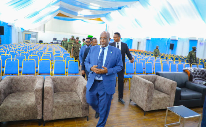 Speaker of Lower House of the Somali Federal Parliament, Adan Mohamed Nur, observes the Hangar hall where lawmakers will be casting their vote to elect Somali President on 15 May 2022.