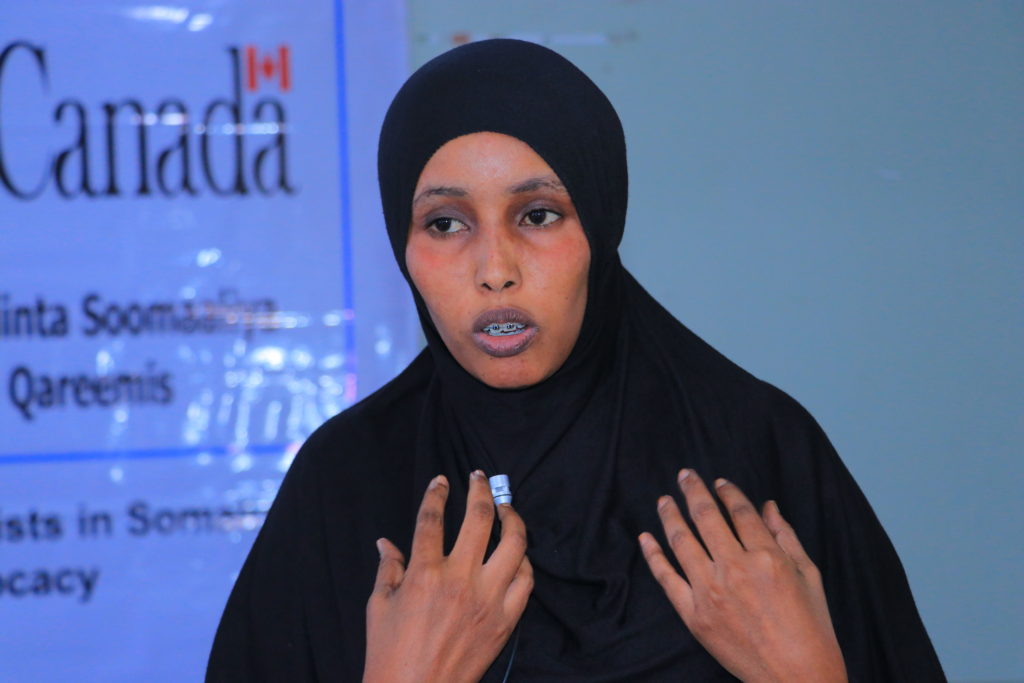 Zamira Abdi Ali from Puntland State TV speaks speaks during the conclusion of a CFLI-funded journalists safety training in Garowe, Puntland on 24 September, 2022. | PHOTO/SJS.