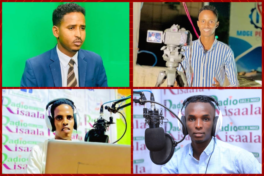  The journalists (from top right): Mohamud Abdirashid Sofeysane (5TV); Isaq Rashid (5TV); Qasim Ibrahim Adan (Risaala TV) and Mohamed Said Nur (Risaala TV), were held at the Hamar Jajab police station before they were later transferred to the regional police headquarters where they were held for half an hour. | PHOTO/ SJS Combined.