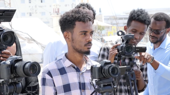 Somali journalists at a press conference at SJS headquarters, Mogadishu, Somalia on 10 October 2022. | PHOTO Credit/SJS.