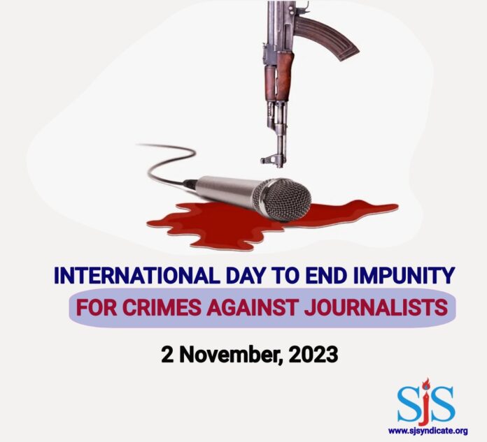 SJS banner for the International Day to End Impunity for Crimes Against Journalists 2023.