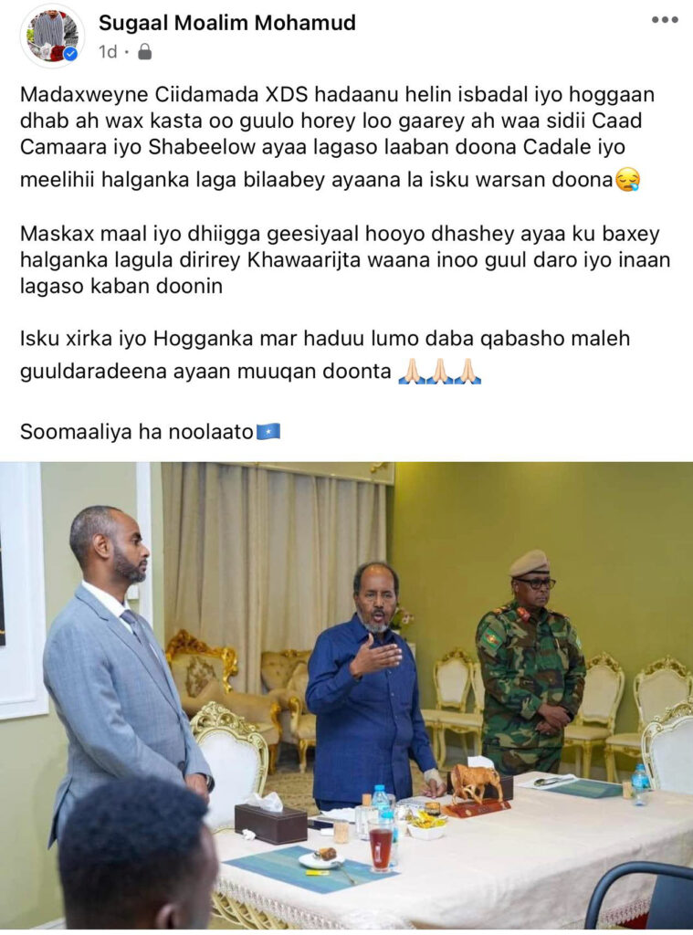 Journalist Sugaal Moalim Mohamud posted a comment on his Facebook page, addressing the Somali government's military operations against Al-Shabaab. | Photo Screenshot/ SJS Private.