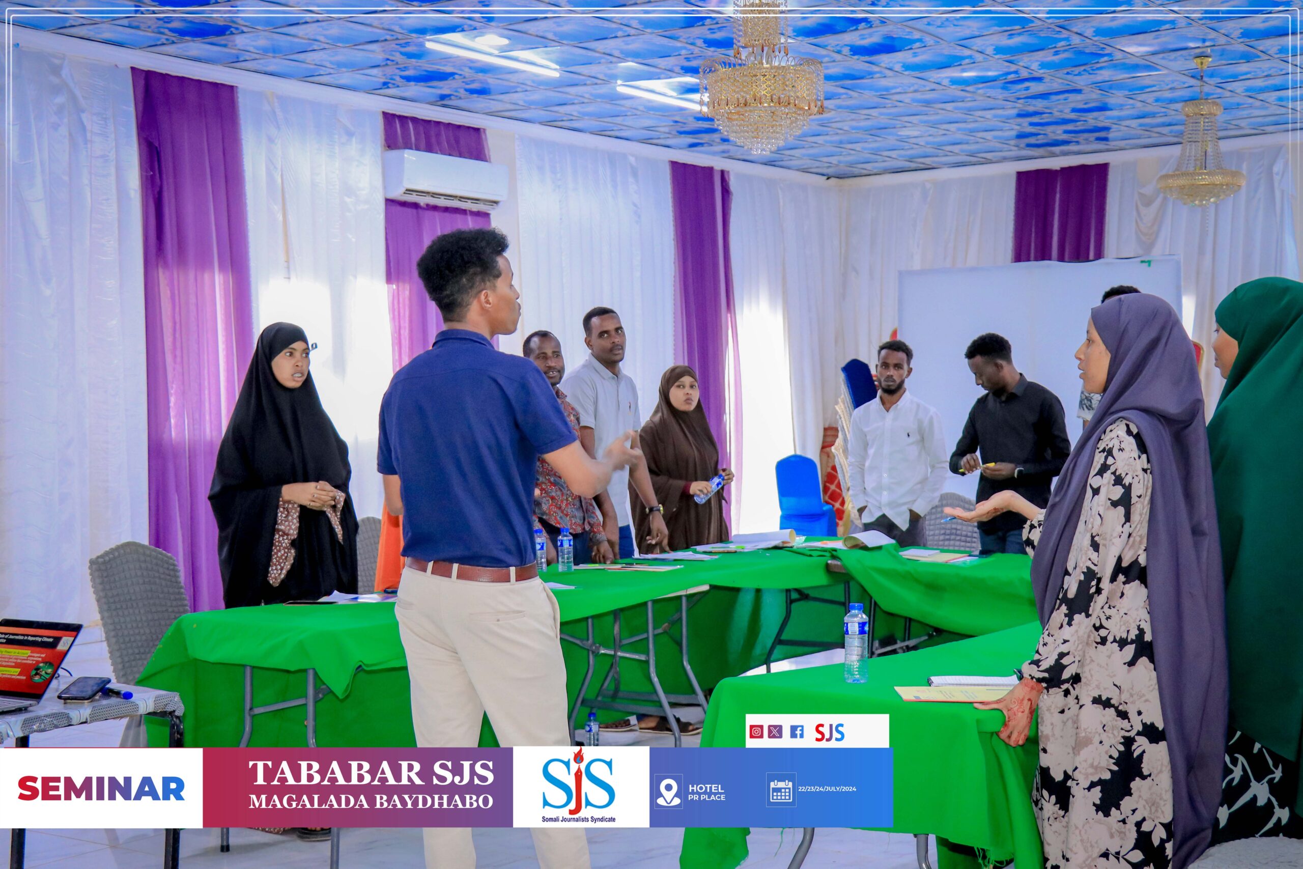 Journalists gather for a training activity during the three-day journalists training on climate change and climate justice in Baidoa from 22-24 July, 2024. | PHOTO Credit/SJS.