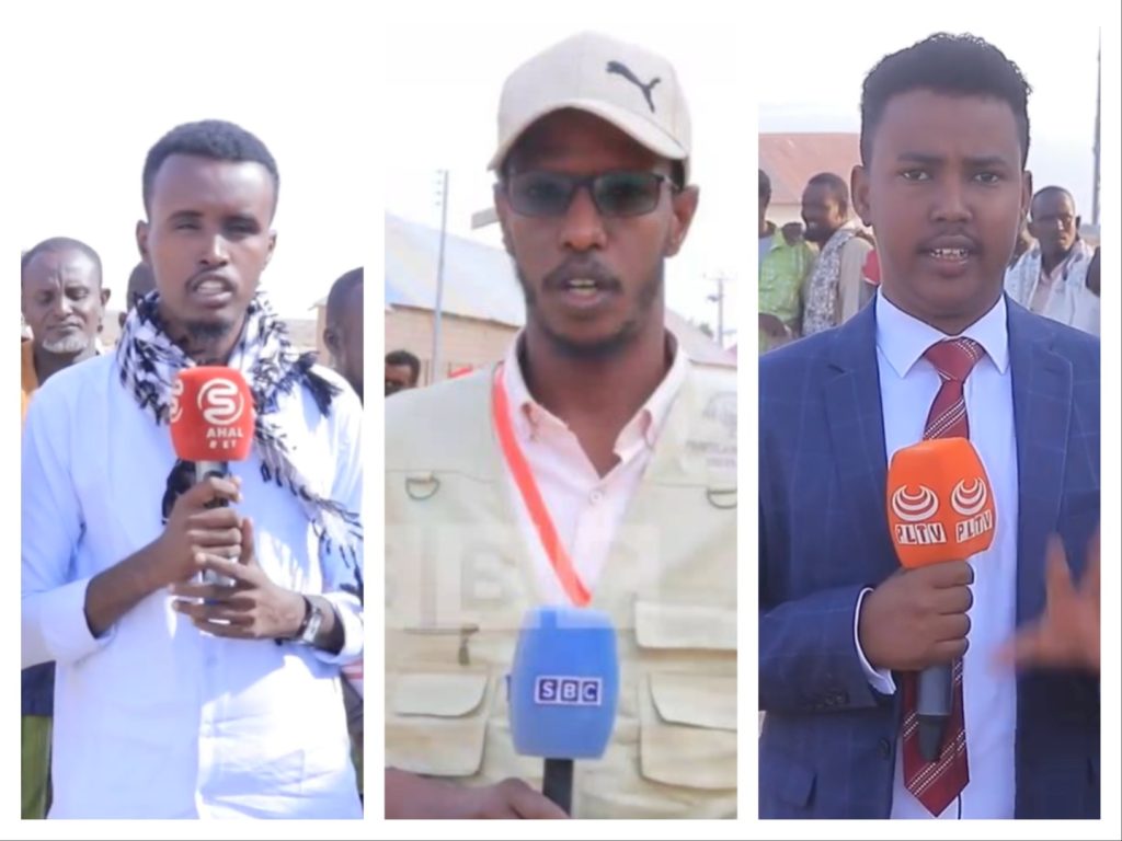 Three journalists reporting from three different polling stations in and out of Garowe. Despite limited training, scarce resources, challenging working conditions, and low pay, journalists delivered extensive and thorough coverage of the election, which included reporting from two remote towns.  | PHOTO/Photo screenshot from video.