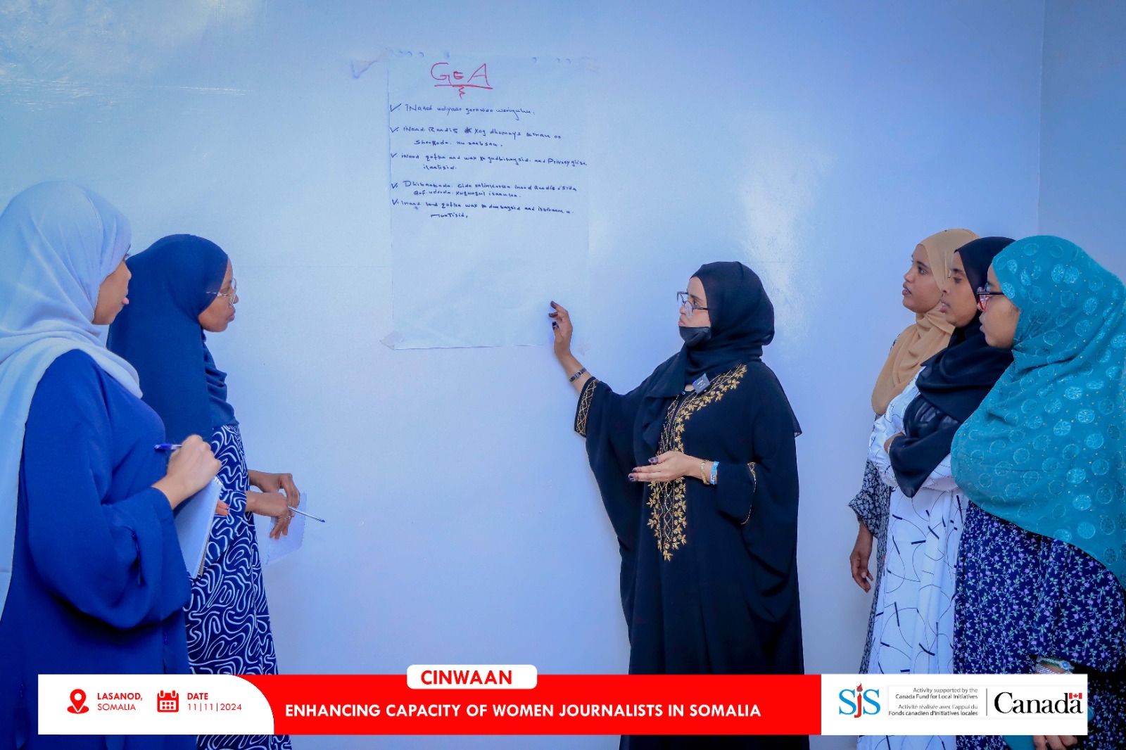 Training participants engage group work presentation during a two-day training in Lasanod, held from November 10-11, 2024. | PHOTO/SJS.