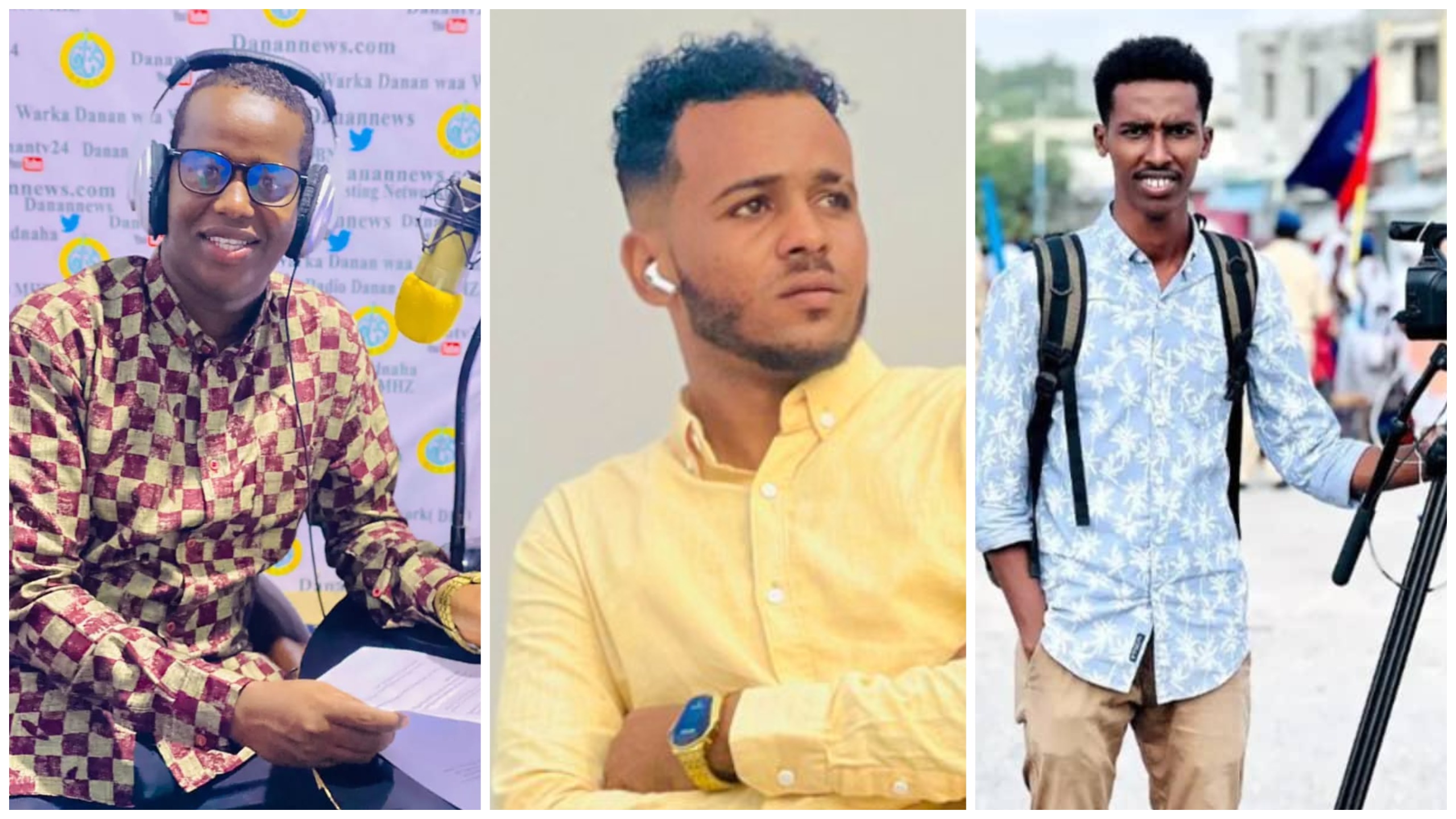 On Thursday, 22 May, Somali police in Mogadishu arrested three journalists: Abdullahi Yusuf Hassan (reporter for RNN TV), Mohamed Hassan Geedi (cameraman for RNN TV), and Yahye Mohamud Hersi (cameraman for Himilo Somali TV). | PHOTO/Combined/SJS. On Thursday, 22 May, Somali police in Mogadishu arrested three journalists: Abdullahi Yusuf Hassan (reporter for RNN TV), Mohamed Hassan Geedi (cameraman for RNN TV), and Yahye Mohamud Hersi (cameraman for Himilo Somali TV). | PHOTO/Combined/SJS.