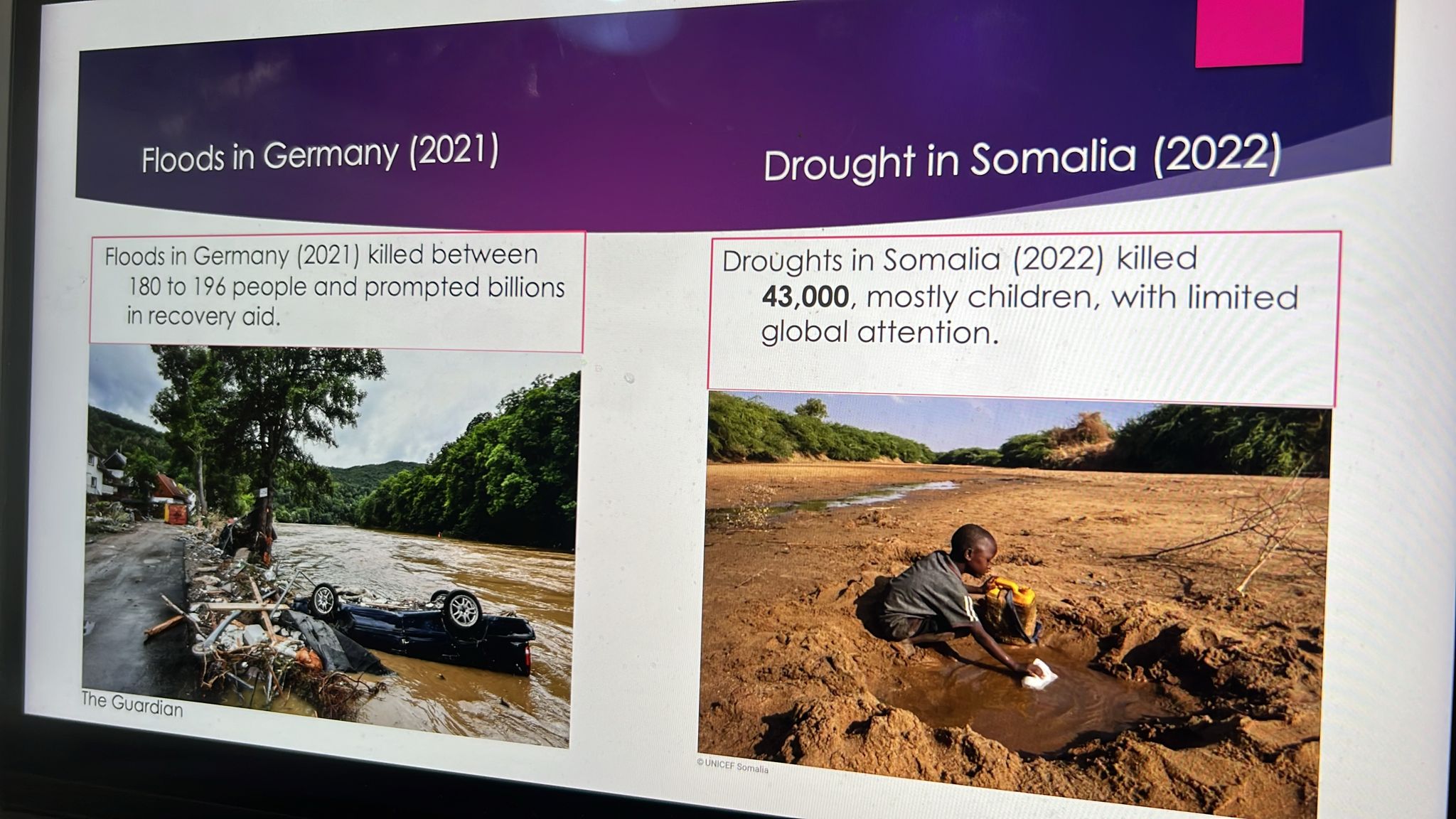 Abdalle Mumin presentation slide illustrating the example of the 2021 floods in Germany compared to the 2022 drought in Somalia. | PHOTO/SJS. Abdalle Mumin presentation slide illustrating the example of the 2021 floods in Germany compared to the 2022 drought in Somalia. | PHOTO/SJS.