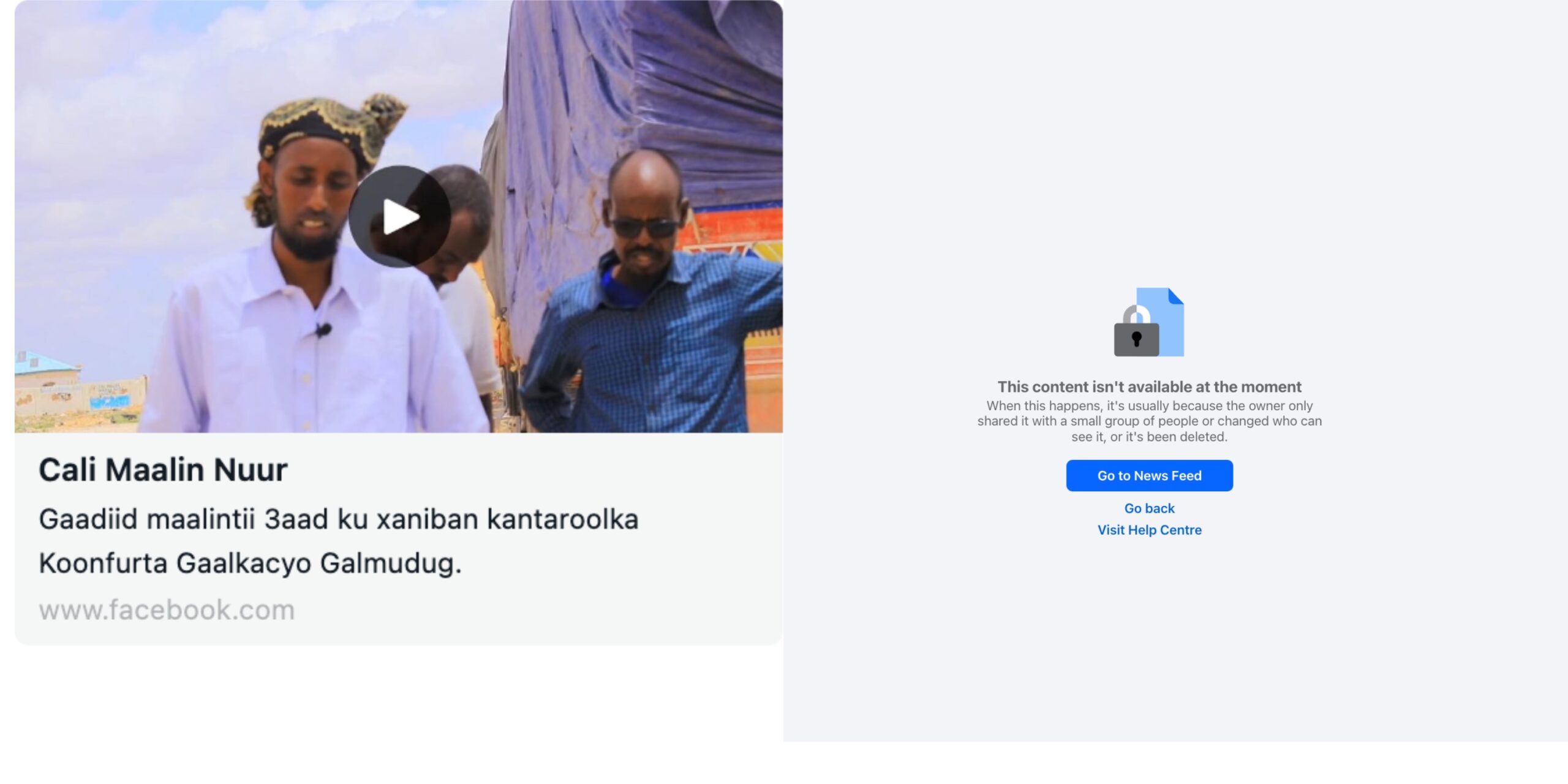 Screenshot from Ali Maalin Nuur Facebook page shows content not available following his arrest on Friday 23 May, 2025 in Galkayo. | PHOTO/Screenshot/ SJS. Screenshot from Ali Maalin Nuur Facebook page shows content not available following his arrest on Friday 23 May, 2025 in Galkayo. | PHOTO/Screenshot/ SJS.