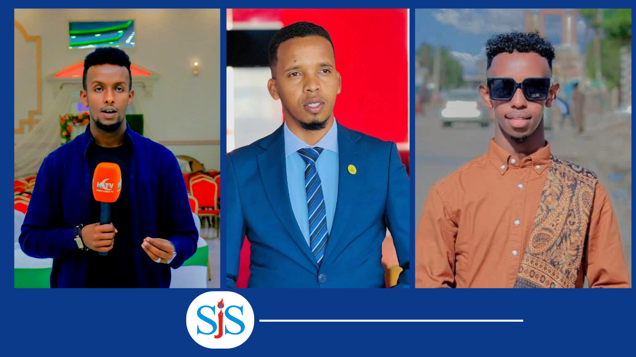 (From left to the right): Horn Cable TV reporter Ahmed Sheikh Muse Hassan (known as Buudhi), CBA TV reporter Abdirisaq Omar Mee’aad (known as Awliyo), and cameraman Ahmed Dayib. | PHOTO/Courtesy/SJS.