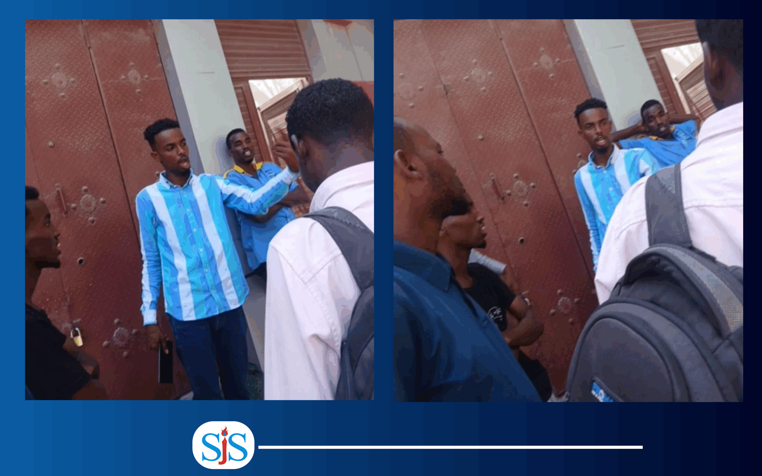 These photos, obtained by SJS, show the moment a plainclothes NISA officer stopped the journalists at Maka al-Mukarama Street in Mogadishu before taking them toward a police station and forcing them to pay the taxi fare.
