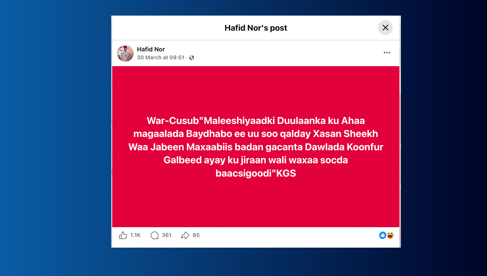 On 30 March, Abdihafid published a Facebook post quoting South West State authorities, stating: “The militias that launched the attack on the city of Baidoa, which was instigated by Hassan Sheikh, have been defeated. Many prisoners are now in the custody of the South West State government, and operations to pursue the remaining fighters are still ongoing.”