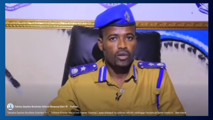 Sool Regional Police Commander, Khadar Mohamed Farah speaks during an early morning press conference in Lasanod on Monday 6 April, 2026. | PHOTO/Screenshot/Sool Police Command Facebook page.