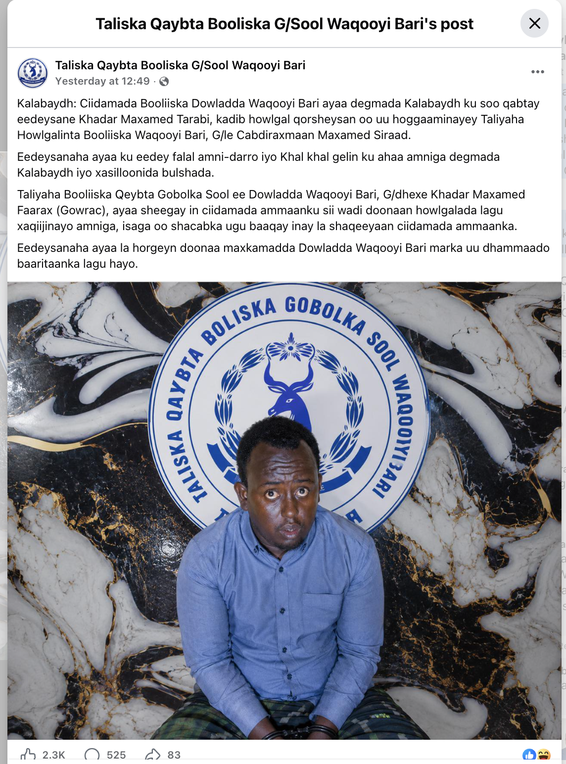 In a statement, the police said they had “arrested Khadar Mohamed Tarabi in Kalabaydh district following a planned operation led by the Commander of Police Operations, Lt. Col. Abdirahman Mohamed Sirad.”